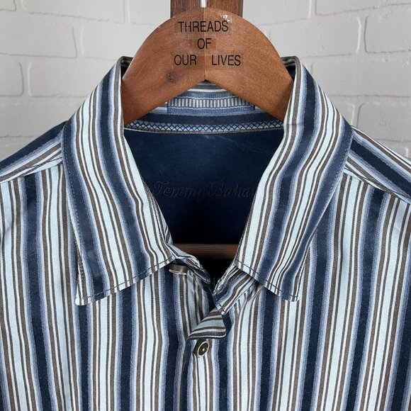 Tommy Bahama Shirt Men Large Blue Brown‎ Stripe Silk Classic Career Party - Picture 2 of 12